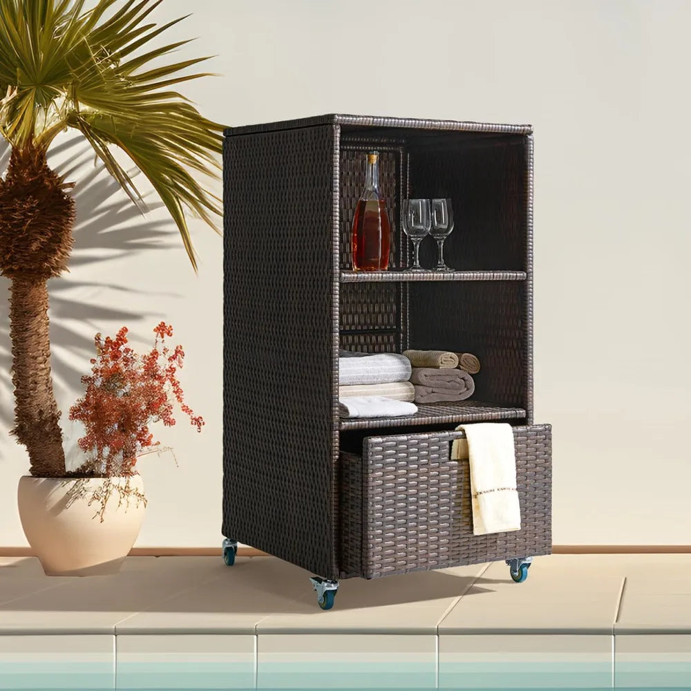Outdoor Pool Towel Wicker Storage Cabinet with Shelves & Drawer.