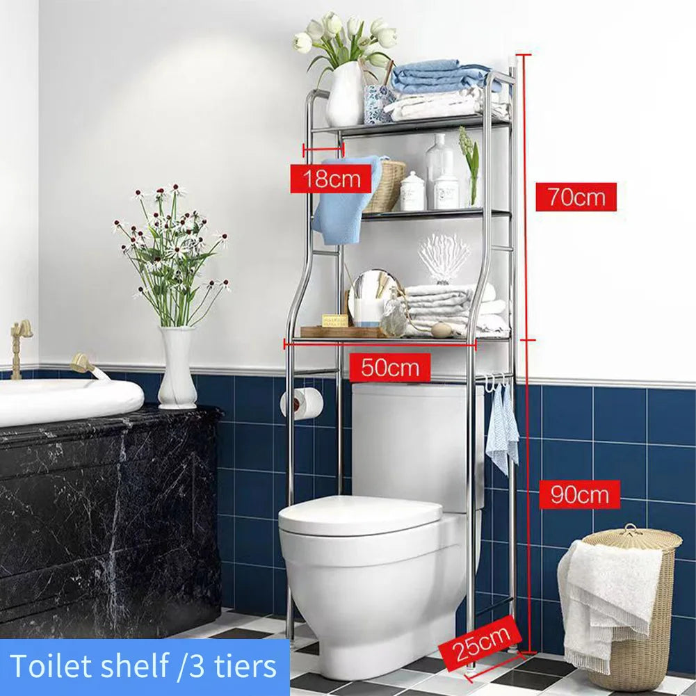 Metal Over The Toilet Storage Rack With Towel Hooks and Paper Holder.