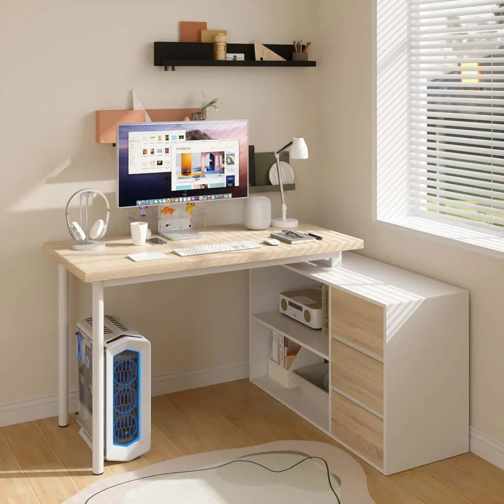 Small Space 47" L-Shaped Computer Desk with File Drawers & Storage Shelves.