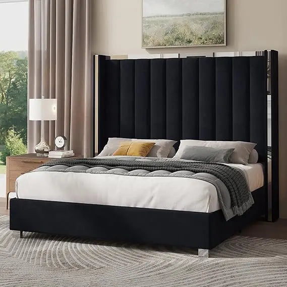 Queen Size Bed Frame with 58" Tall Velvet Upholstered Headboard,