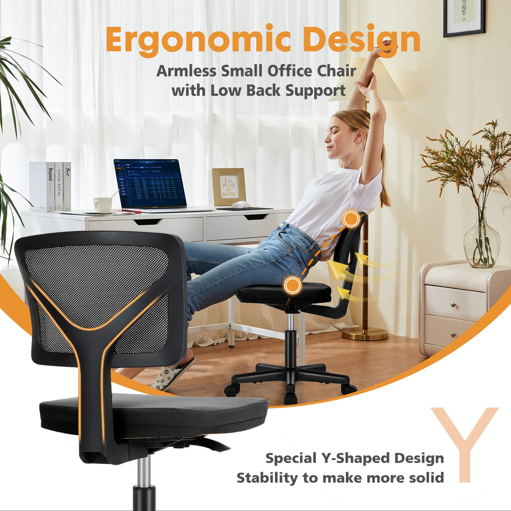 Armless Mesh Office Chair with Lumbar Support, Low Back, Adjustable Height and Swivel Seat.  Various colors.