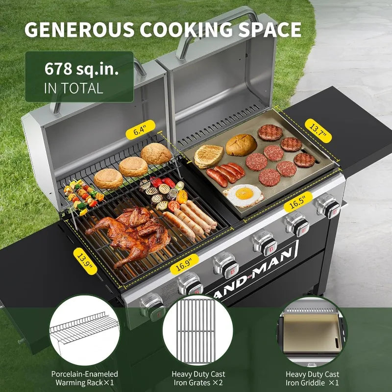 6-Burner Propane Griddle Grill Combo with Double Stainless Steel Lids