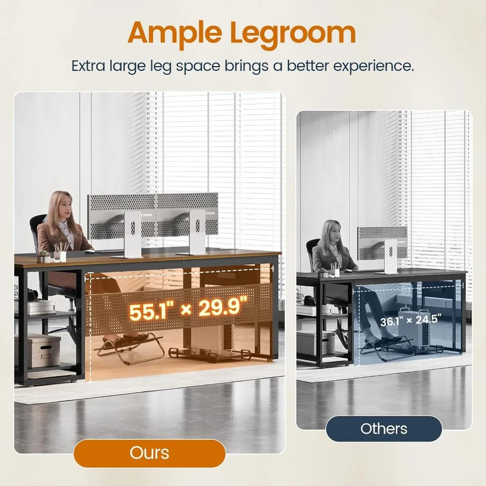 Large Reversible L-Shaped 71" Executive Desk with Power Outlets, File Drawers & Storage Shelves.