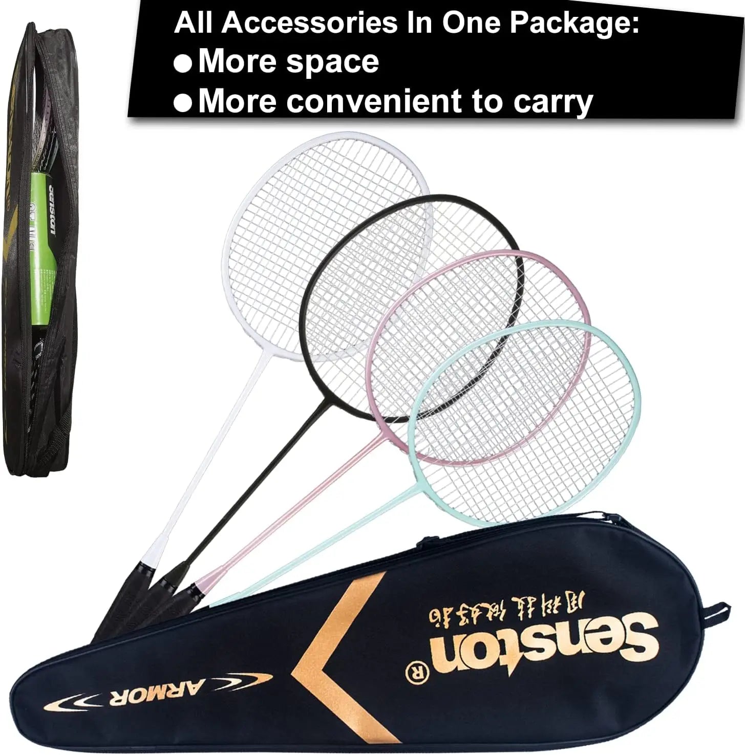 4 Pack Lightweight Badminton Rackets with 6 Nylon Shuttlecocks with Carrying Case for Outdoor use.