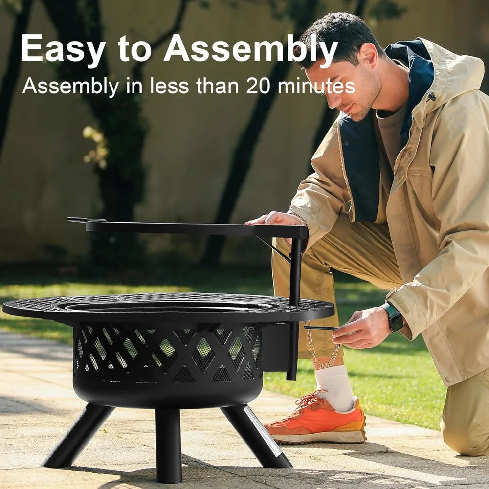 32 inch Woodburning Fire Pit with Poker and Grill.