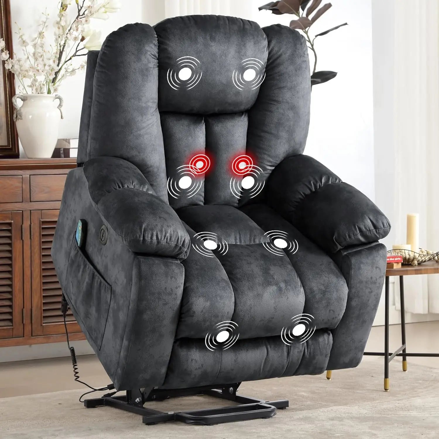 Large Power Lift Recliner Chair with Massage, Heat, and USB.