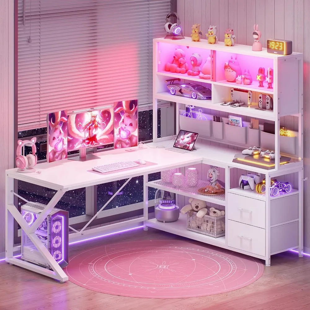 L Shaped Corner Gaming or Computer Desk for Home Office with 2 Drawers, Bookshelf, and LED Light,