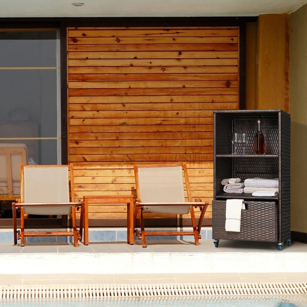 Outdoor Pool Towel Wicker Storage Cabinet with Shelves & Drawer.