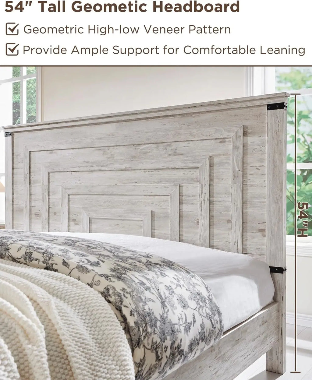 Wooden Antique White Farmhouse Bed Frame with 54" Tall  Headboard and 2 Large Storage Drawers.  King or Queen