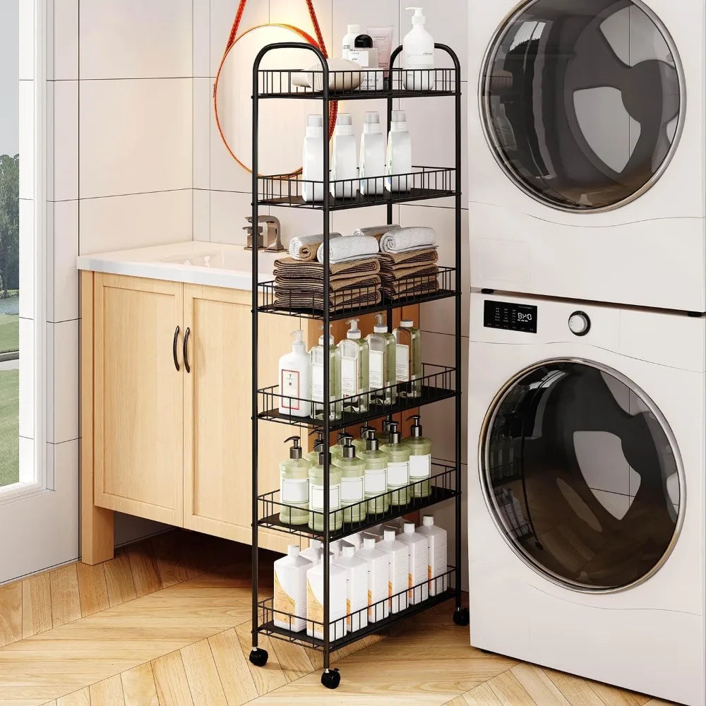6-Tier Slim Metal Wire Rolling Cart with Handle: