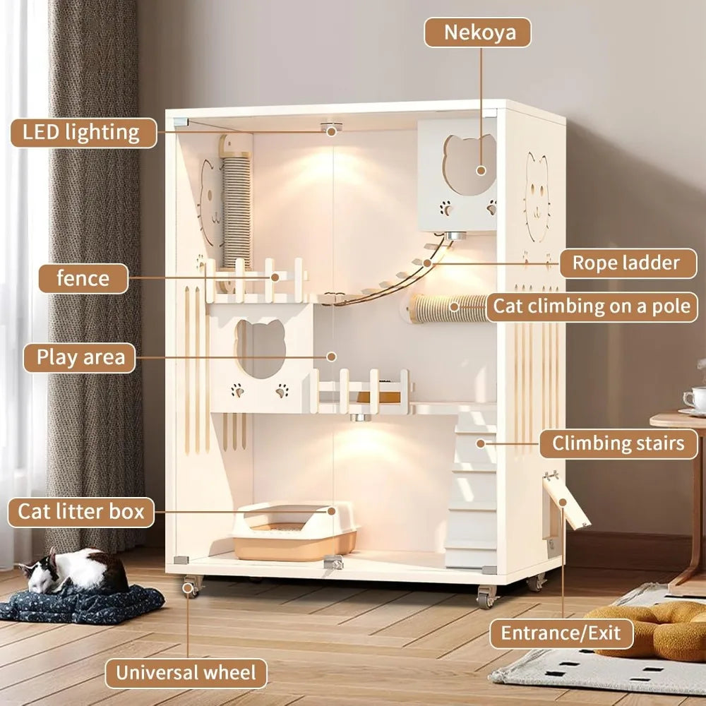 Large Wooden Enclosed Cat Condo on Wheels for Indoor/Outdoor Use.