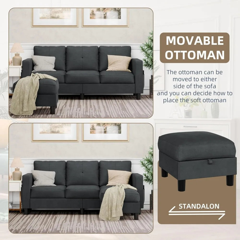 Convertible 3-Seat Sectional L-Shaped Couch  with Linen Fabric.