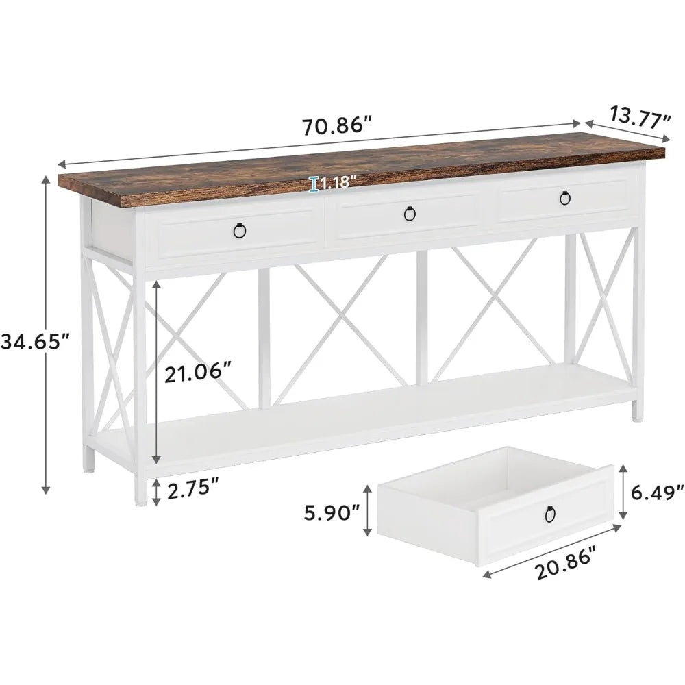 70.8" Farmhouse Console Table for Entryway with 3 Drawers and a Storage Shelf.