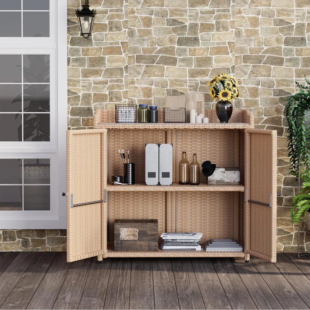 Large Rattan Outdoor Storage Cabinet with Waterproof Metal and Shelving.