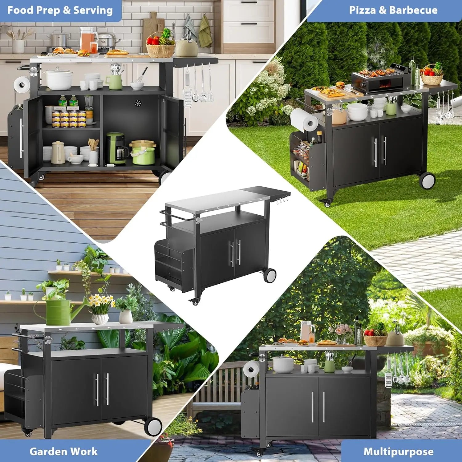 Waterproof Outdoor Grill or Bar Cart on Wheels with Stainless Steel Top, Storage, Hooks and Spice Rack