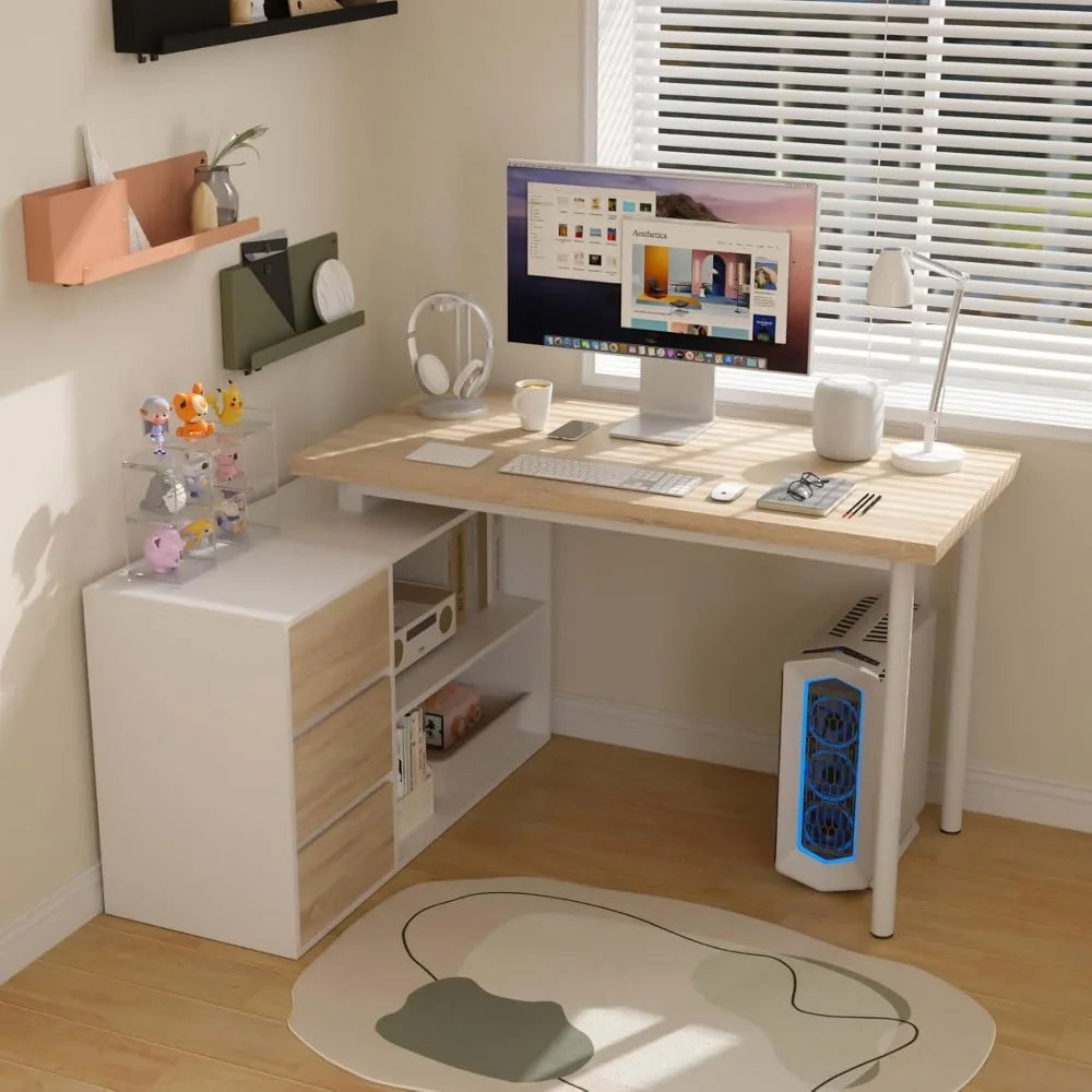Small Space 47" L-Shaped Computer Desk with File Drawers & Storage Shelves.