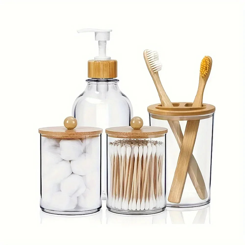 4pcs Bamboo Bathroom Accessory Set with Soap Dispenser, Toothbrush Holder and 2 Glass Jars .