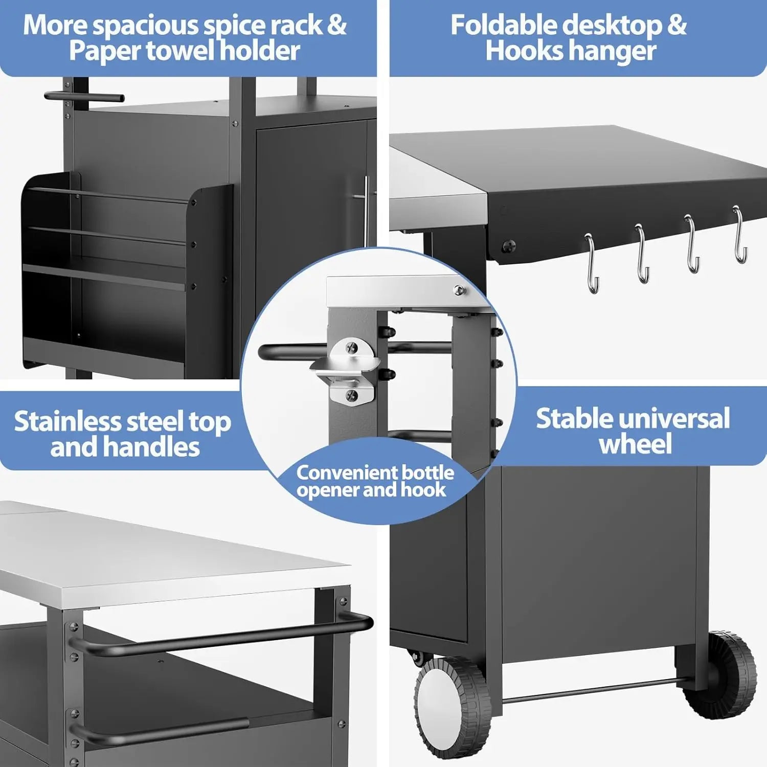 Waterproof Outdoor Grill or Bar Cart on Wheels with Stainless Steel Top, Storage, Hooks and Spice Rack