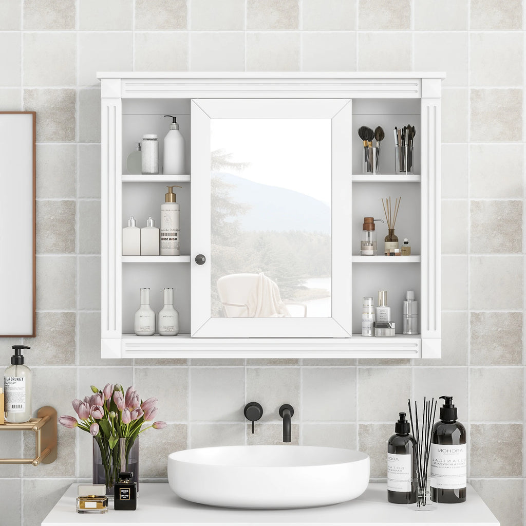 35'' x 28'' Wall Mounted Bathroom Storage Cabinet with 6 Open Shelves And Storage Behind Mirror