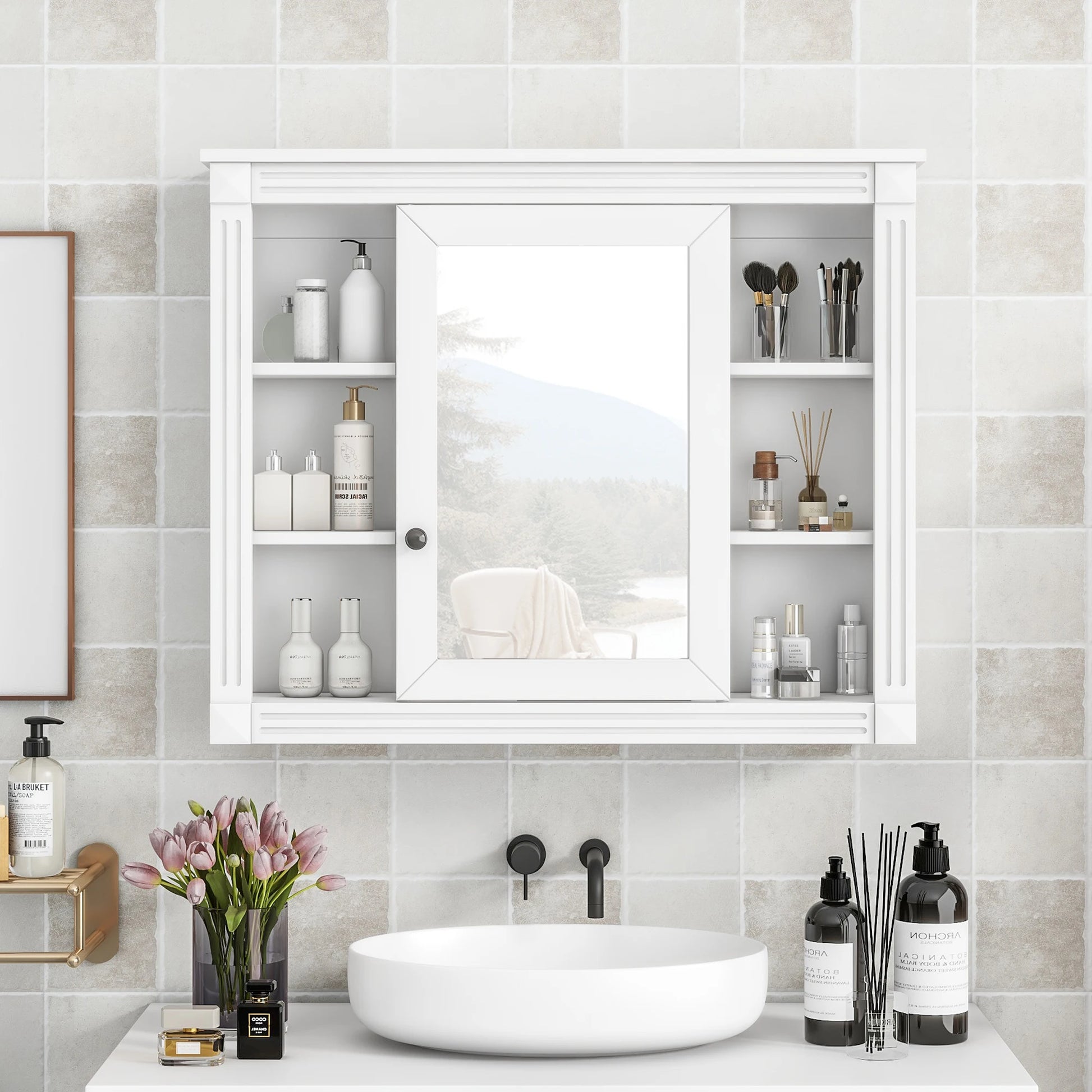 35'' x 28'' Wall Mounted Bathroom Storage Cabinet with 6 Open Shelves And Storage Behind Mirror