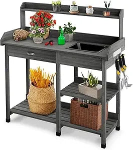 Solid Wood Potting Bench with Planting Shelf, Sink and Drawer.