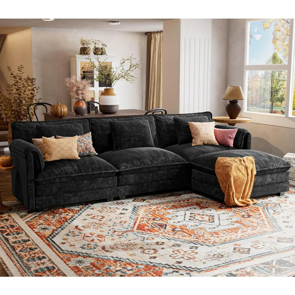 113" Modular Deep Seat Sectional Sofa with Movable Ottoman and Removable Covers in Various Colors.
