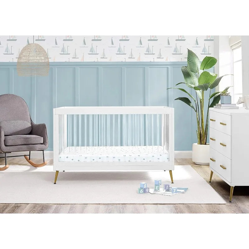 4-in-1 Multi-Use Acrylic Convertible White Crib with Conversion Rails and Bronze Feet