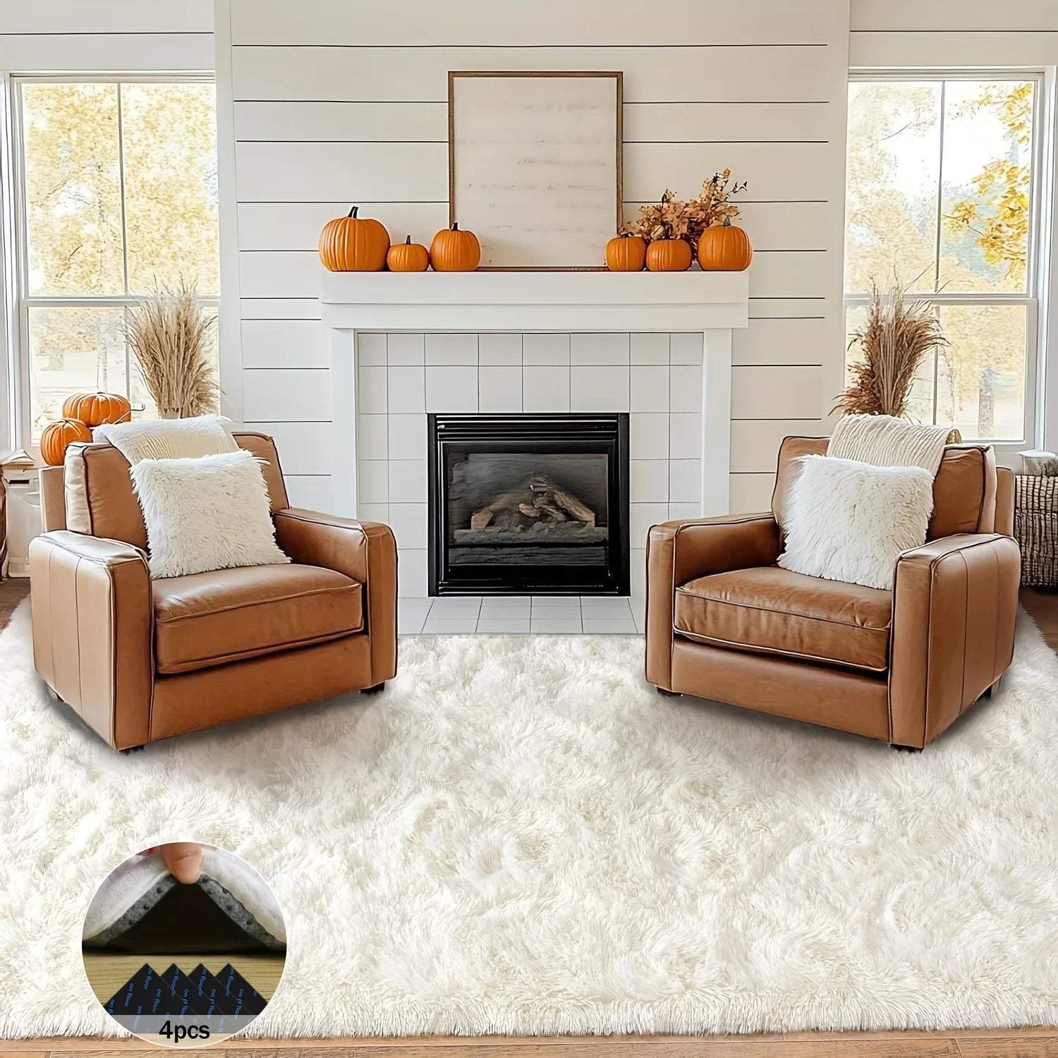 Off-White Soft Shaggy Plush Non-Slip Carpet Rugs