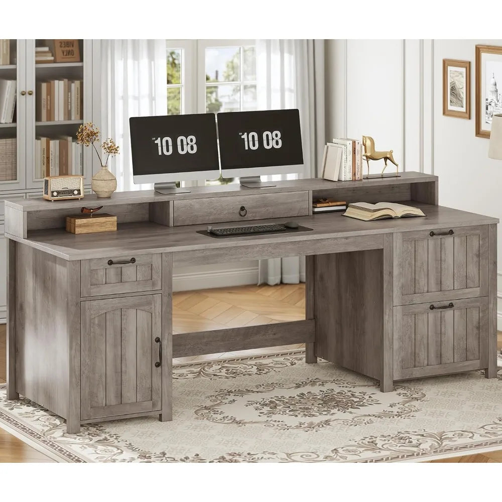 63" Wooden Farmhouse Executive Desk with Drawers, Storage Cabinet and File Drawer.