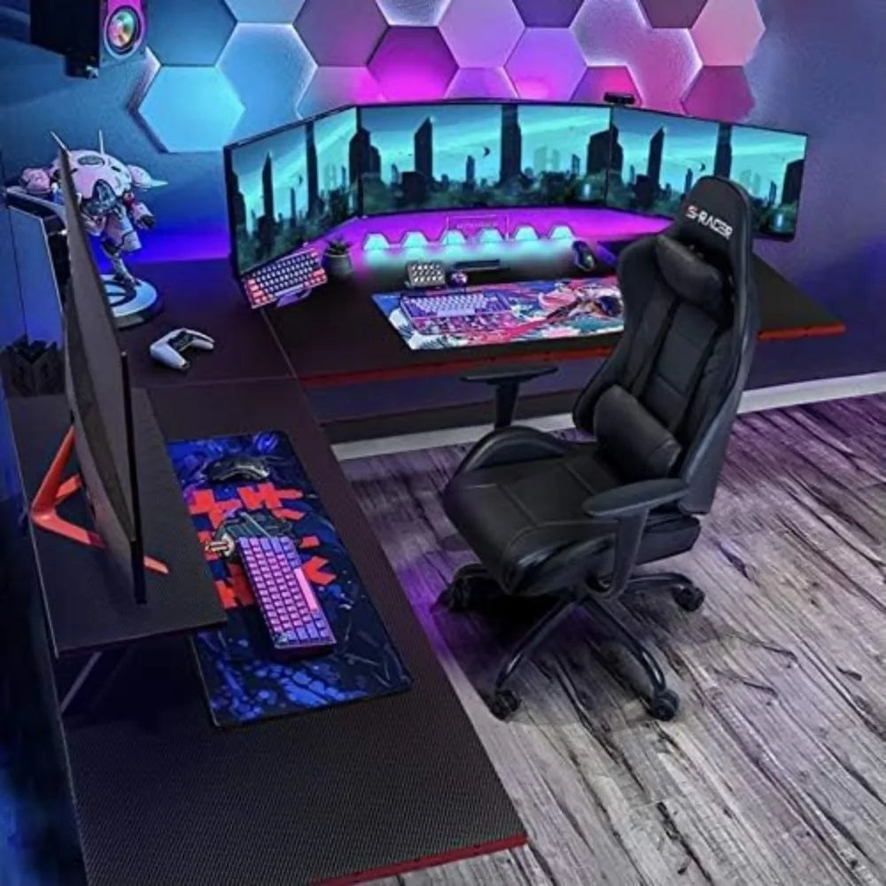 L-Shaped PC Gaming Desk with Large Monitor Riser Stand.