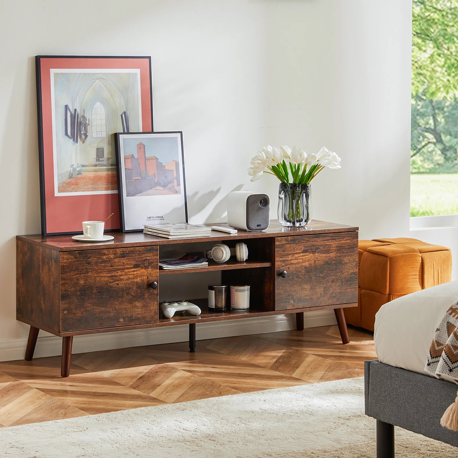 Wooden Stand/Entertainment Center For Up To 60 Inch TV with two Cabinets, Adjustable Shelf  and Two Cord Holes