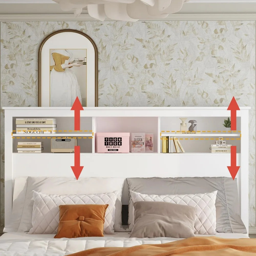 Full/Queen Size Wooden Headboard with Adjustable Light and Shelves