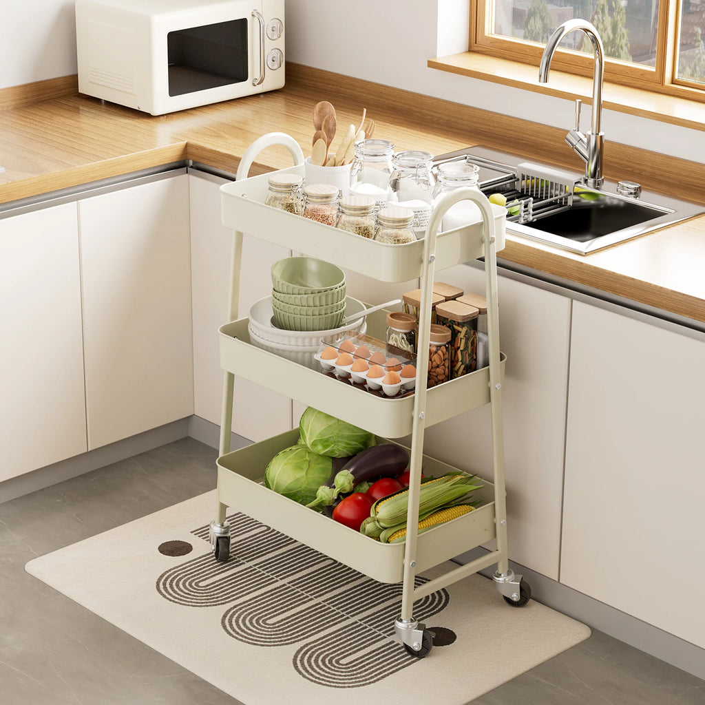 3 Tier Metal Storage Kitchen Cart with Lockable Wheels. Supports 55 lb. per shelf