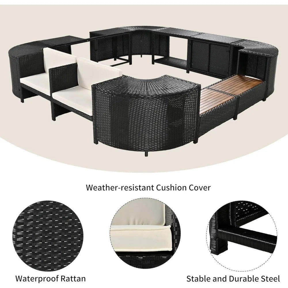 Patio Spa Surround Rattan Sofa Set with Wooden Seats and Storage Spaces.