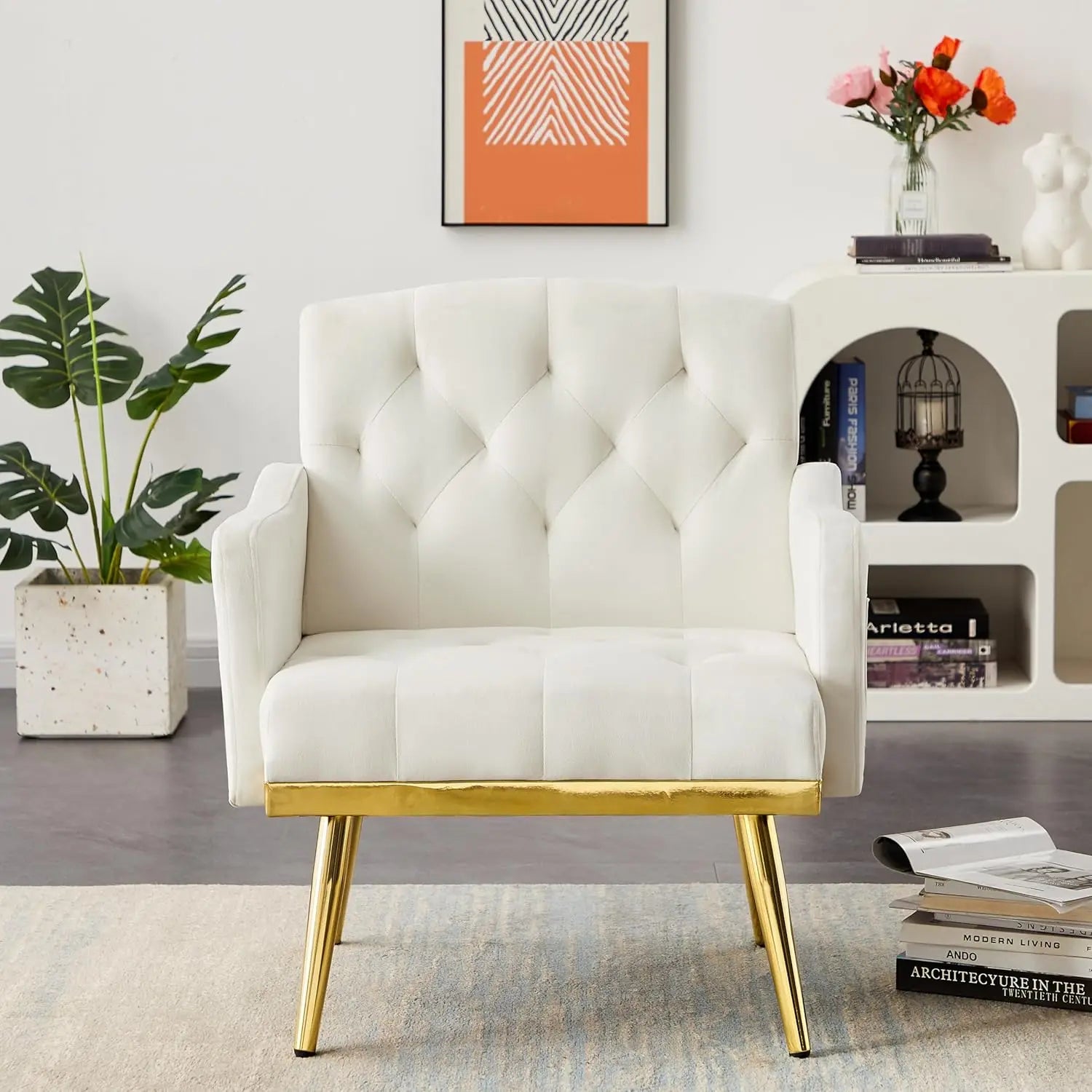 55-Inch Velvet Loveseat with Tufted Backrest, Side Pockets and Gold Metal Legs.  Also available in white or gray chair.