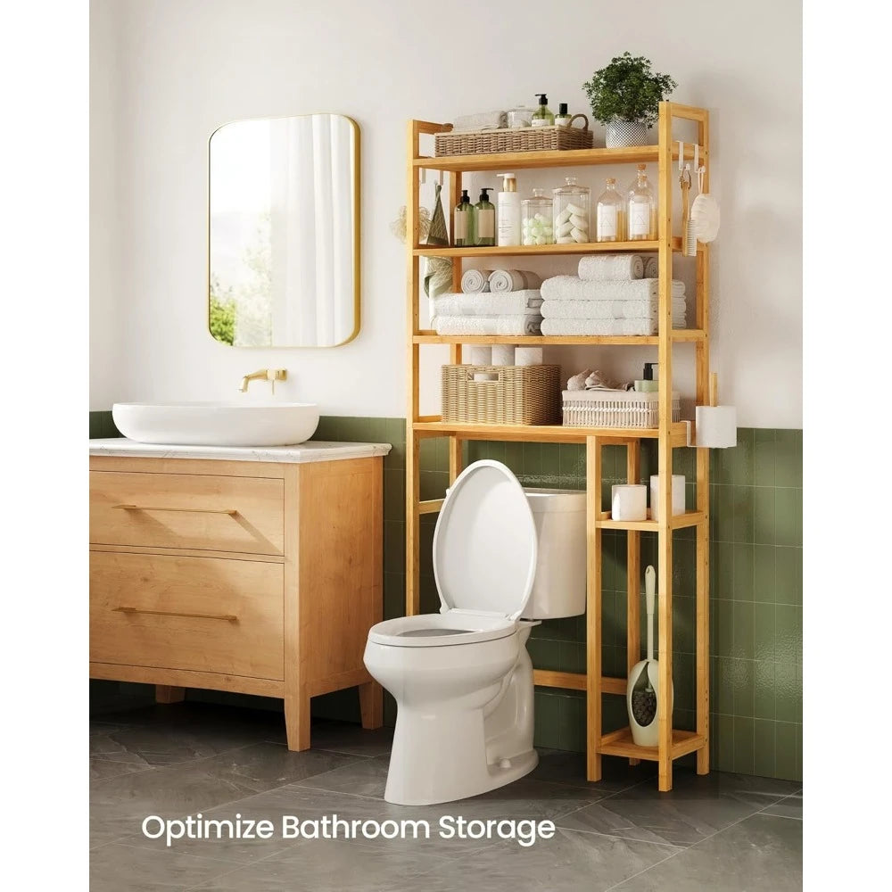 Adjustable Bamboo Over The Toilet Storage Shelf with Toilet Paper Holder
