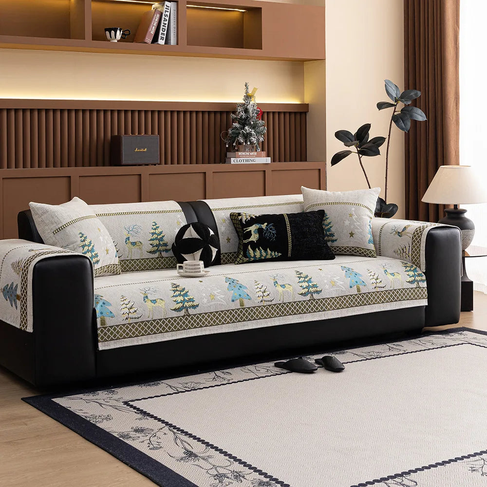 Chenille Christmas Sofa Cover with Christmas Tree and Deer Pattern and Anti-Slip Fabric