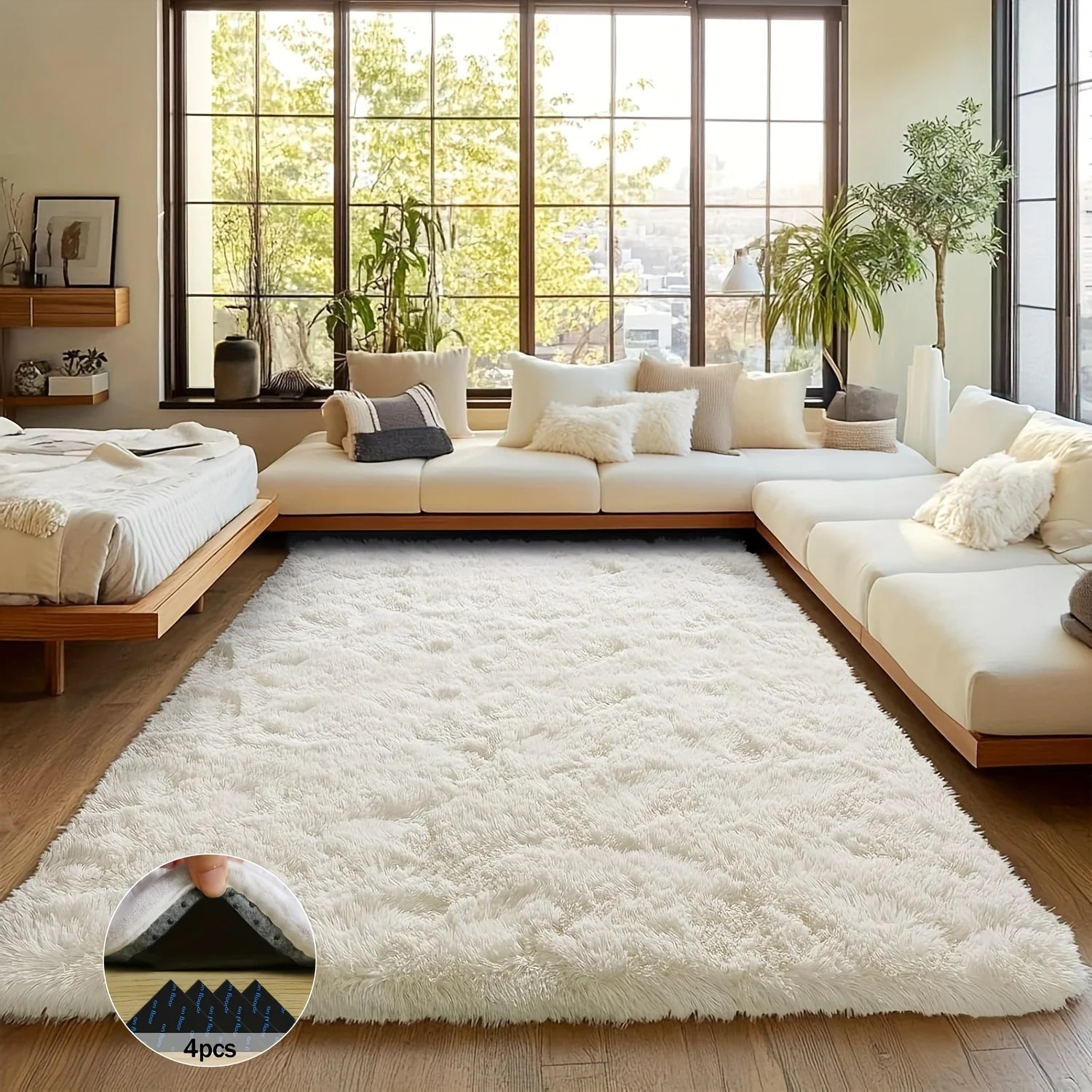 Off-White Soft Shaggy Plush Non-Slip Carpet Rugs