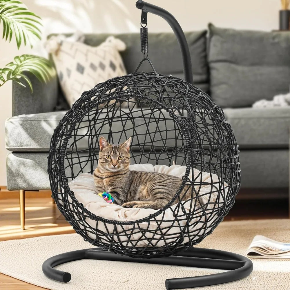 Rattan Wicker Appearance Swinging Cat Bed with Stand & Cushion for Small Animals.
