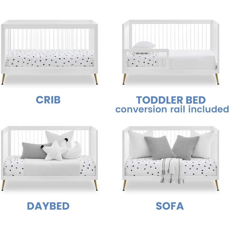 4-in-1 Multi-Use Acrylic Convertible White Crib with Conversion Rails and Bronze Feet