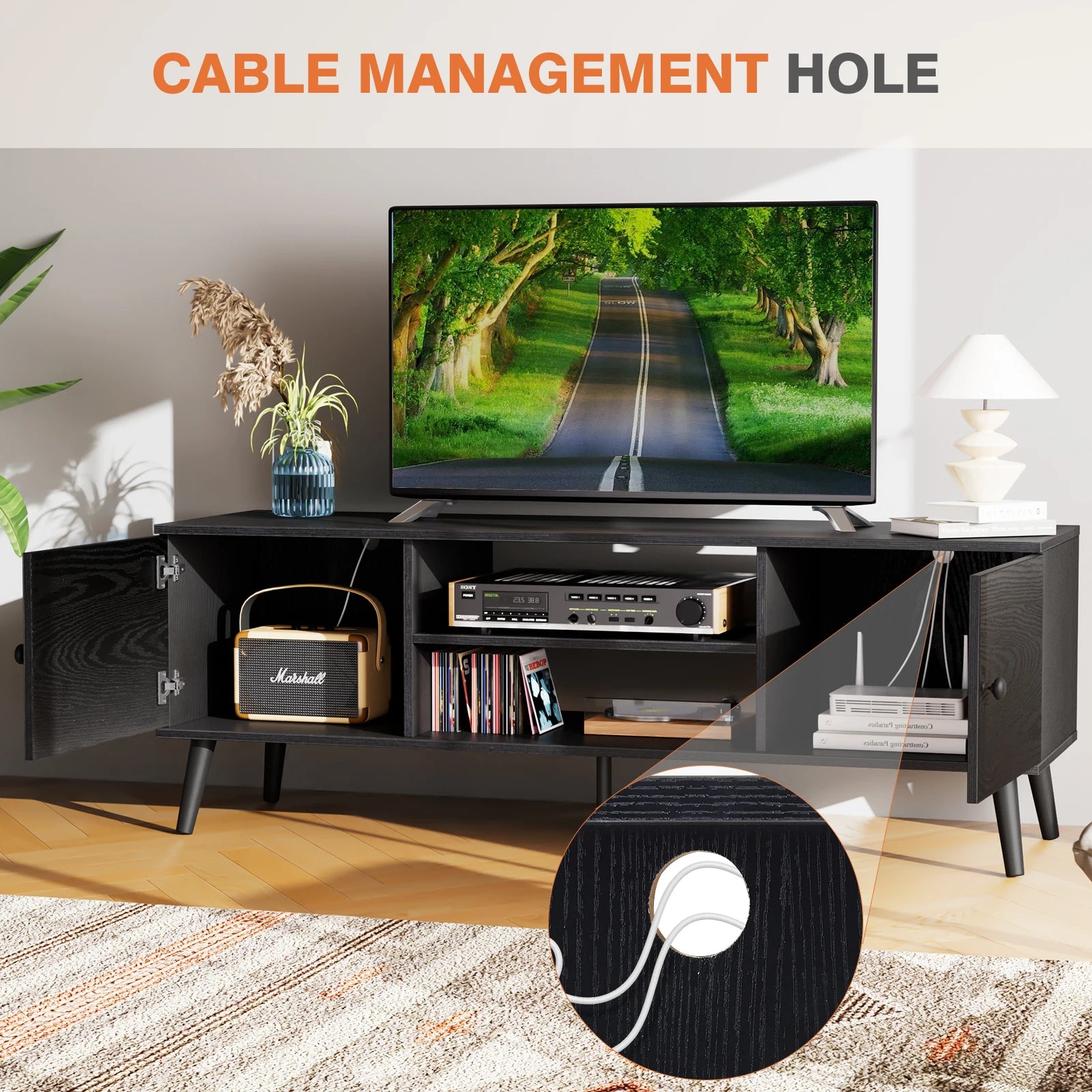 Wooden Stand/Entertainment Center For Up To 60 Inch TV with two Cabinets, Adjustable Shelf  and Two Cord Holes