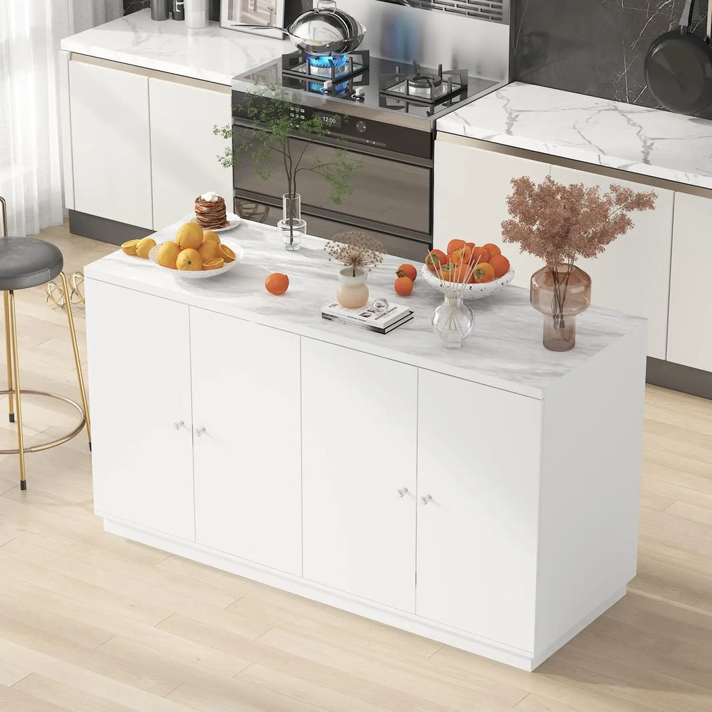 Stationary Kitchen Island with Storage Cabinet, 6 Open Shelves & 2 Drawers.