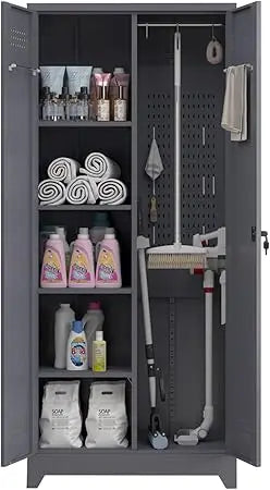Metal Tool Storage Cabinet 72.8" Tall with Hooks and Shelves.