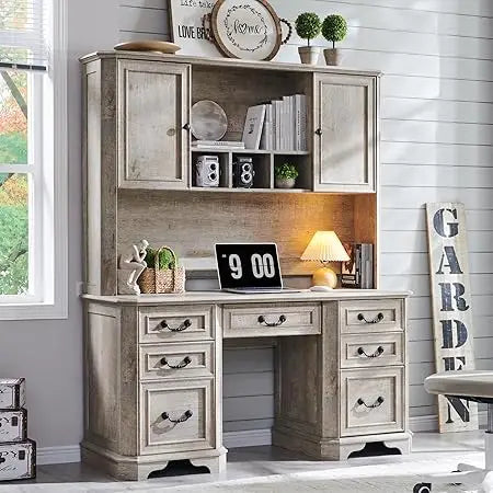 59" Farmhouse Executive Desk with Hutch,Wood Home Office Computer Desk, Featuring Keyboard Tray,Charging Station,File Drawer, S