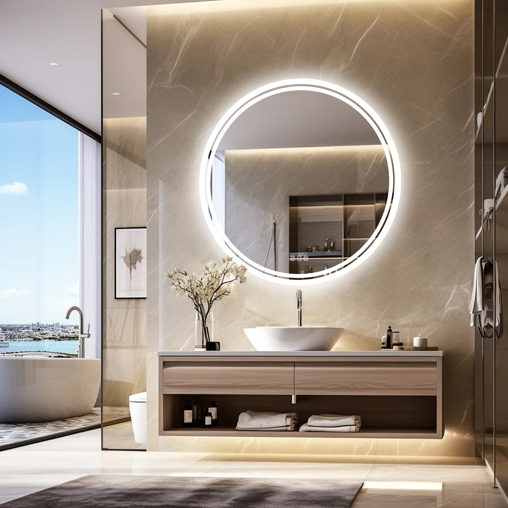 Wall Mounted Round LED Lit Bathroom Mirror with 3 Different Color Lights