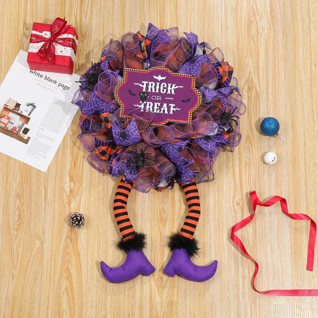 Cute Halloween Purple Mesh Door or Window Wreath with Witch Leg