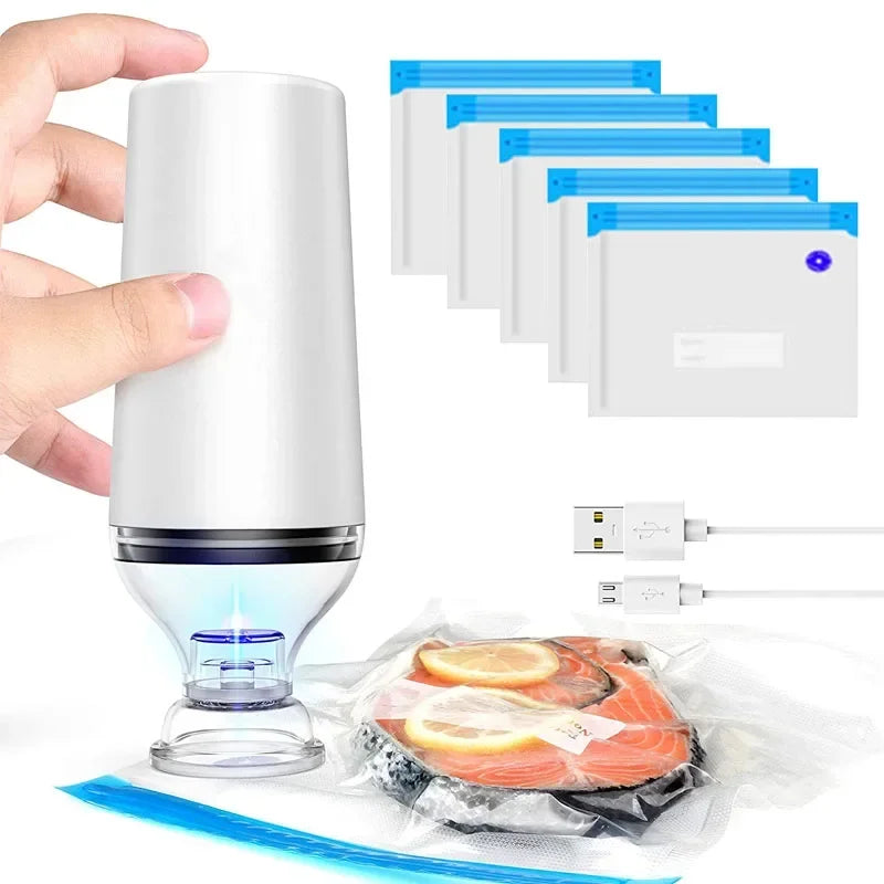 Reusable Electric Handheld Vacuum Sealer Pump with Zipper Bags for Food Storage or Sous Vide Bags.