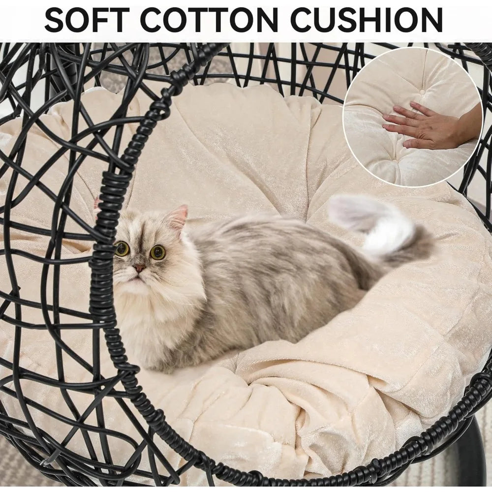 Rattan Wicker Appearance Swinging Cat Bed with Stand & Cushion for Small Animals.