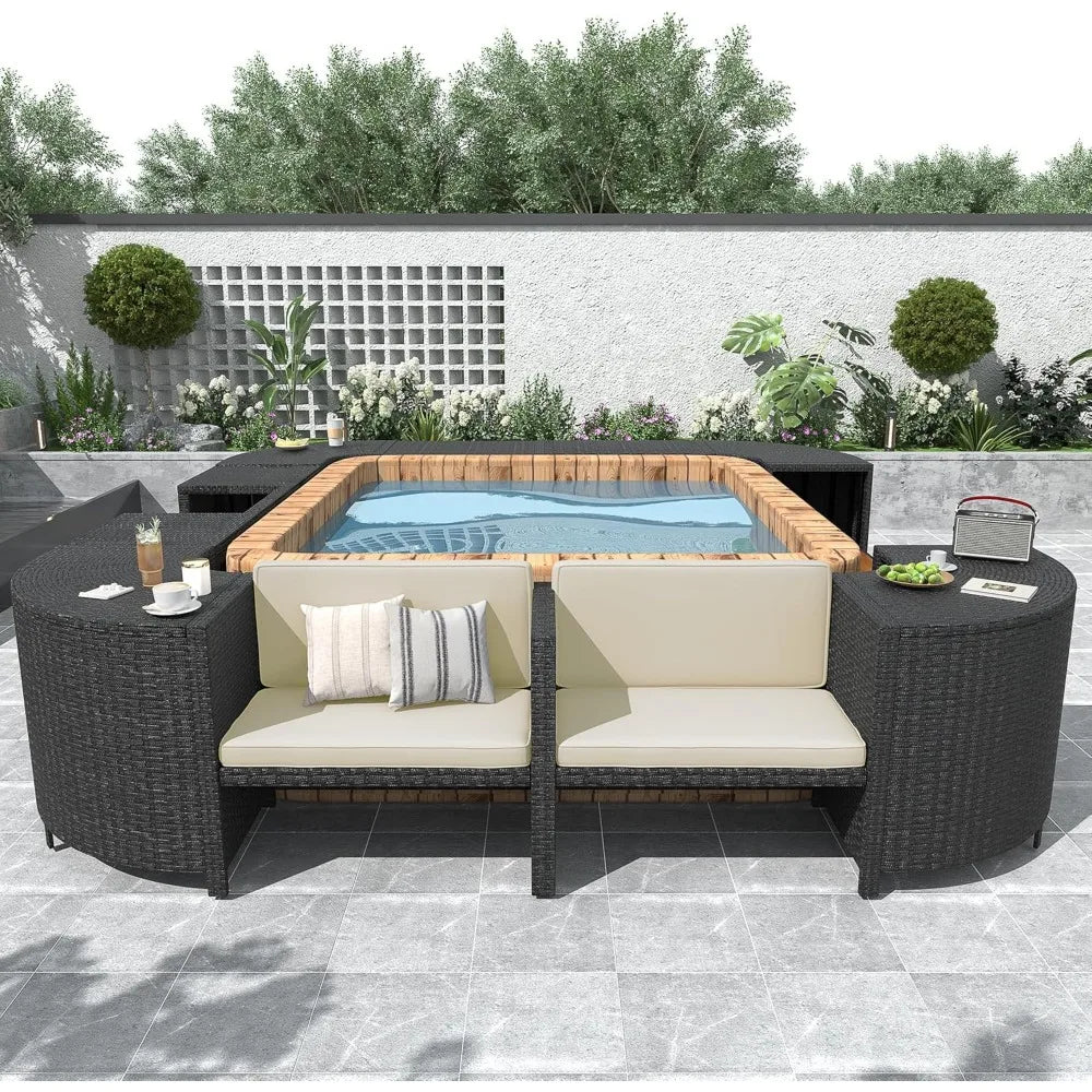 Patio Spa Surround Rattan Sofa Set with Wooden Seats and Storage Spaces.