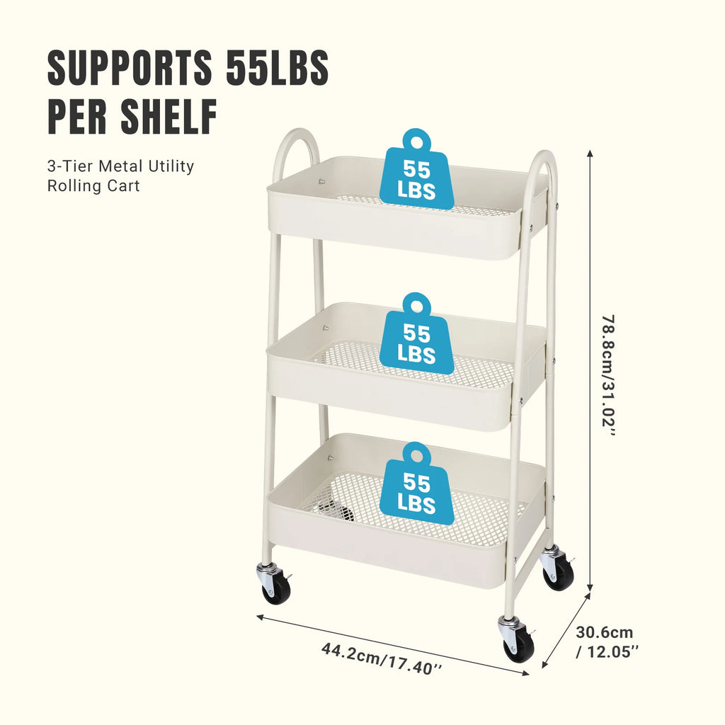 3 Tier Metal Storage Kitchen Cart with Lockable Wheels. Supports 55 lb. per shelf